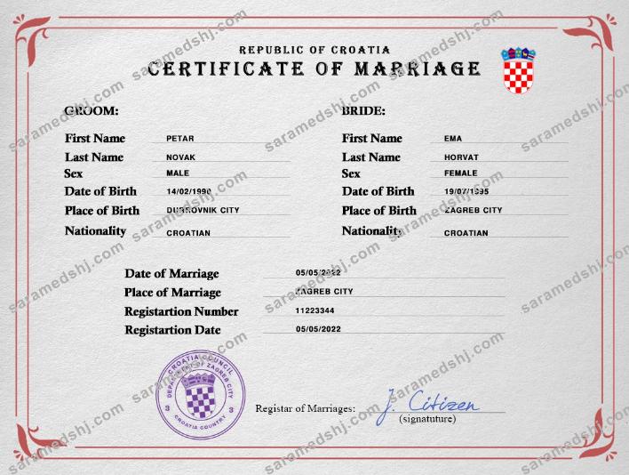 Croatia marriage certificate PSD template